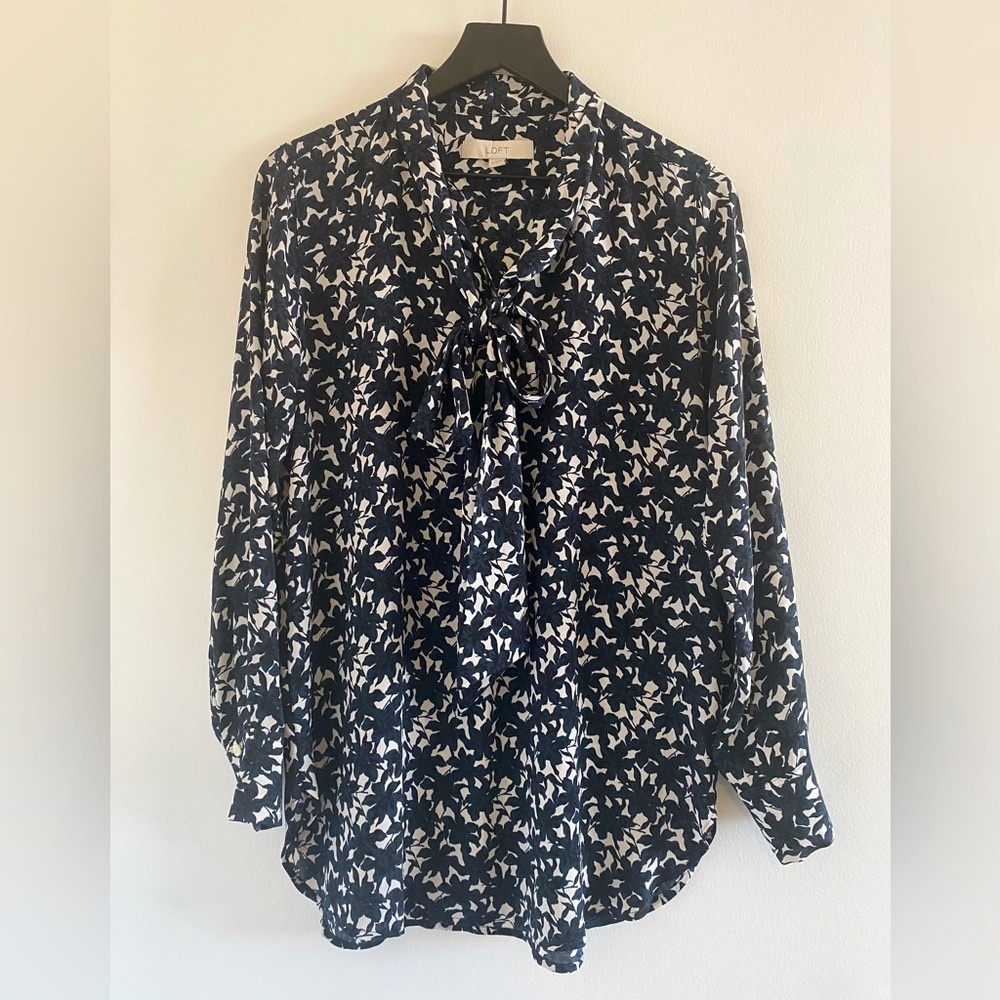 LOFT Long Sleeve Tie Neck Blouse, Dark Floral Print Size S